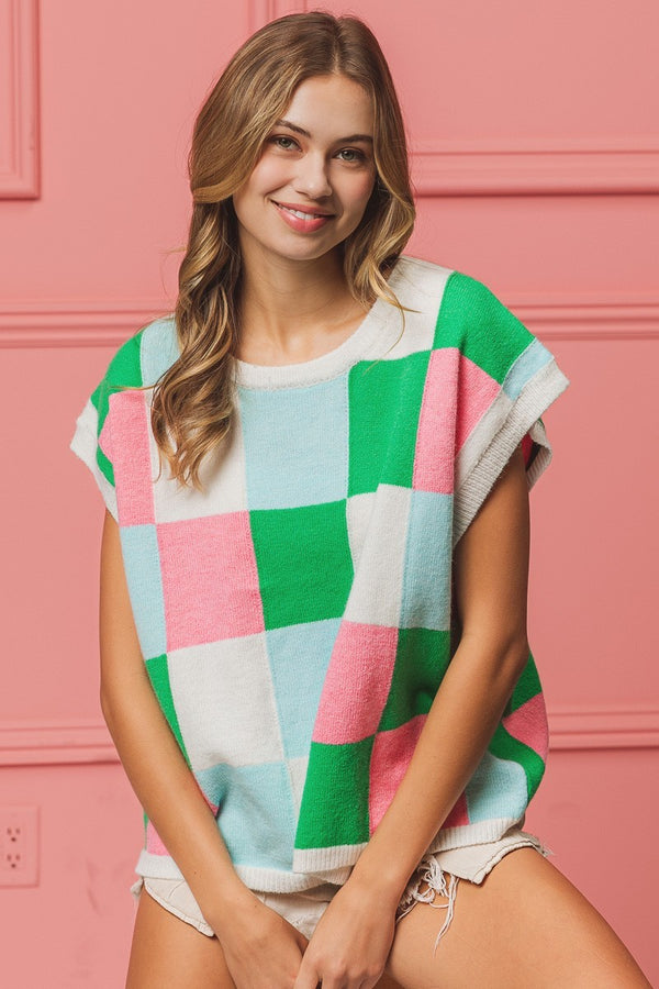 BiBi Multi Colored Checkered Pattern Sweater Vest in Jade/Pink/Denim ON ORDER Shirts & Tops BiBi   