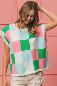 BiBi Multi Colored Checkered Pattern Sweater Vest in Jade/Pink/Denim Shirts & Tops BiBi   