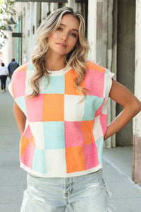 BiBi Multi Colored Checkered Pattern Sweater Vest in Orange/Pink/Denim Shirts & Tops BiBi   
