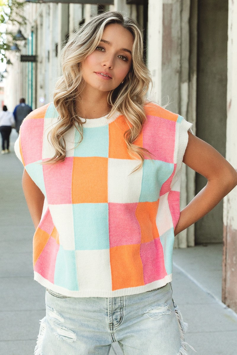 BiBi Multi Colored Checkered Pattern Sweater Vest in Orange/Pink/Denim