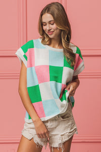 BiBi Multi Colored Checkered Pattern Sweater Vest in Jade/Pink/Denim ON ORDER Shirts & Tops BiBi   
