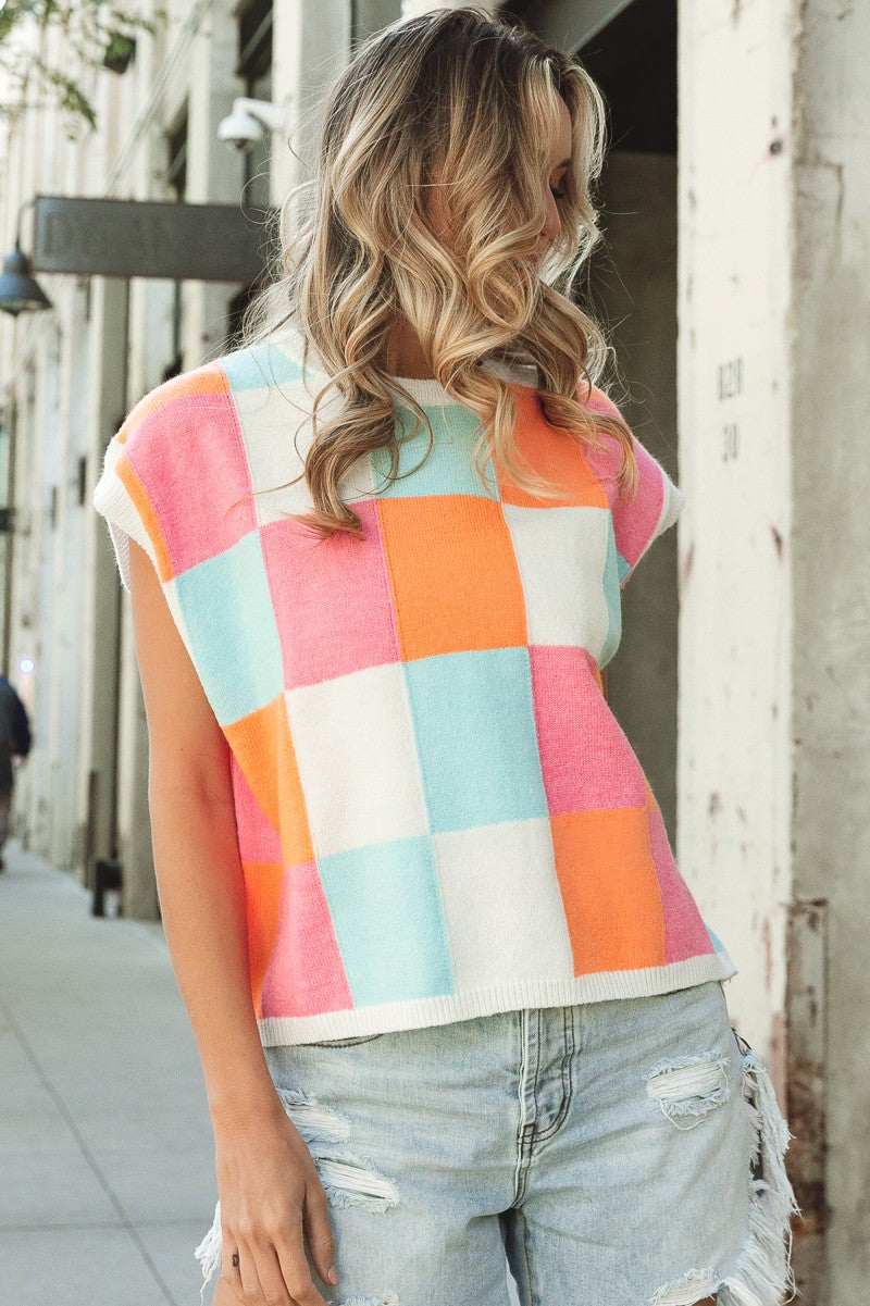 BiBi Multi Colored Checkered Pattern Sweater Vest in Orange/Pink