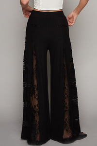 POL Solid Color Thermal Knit Pants with Mixed Lace Inset Details in Black