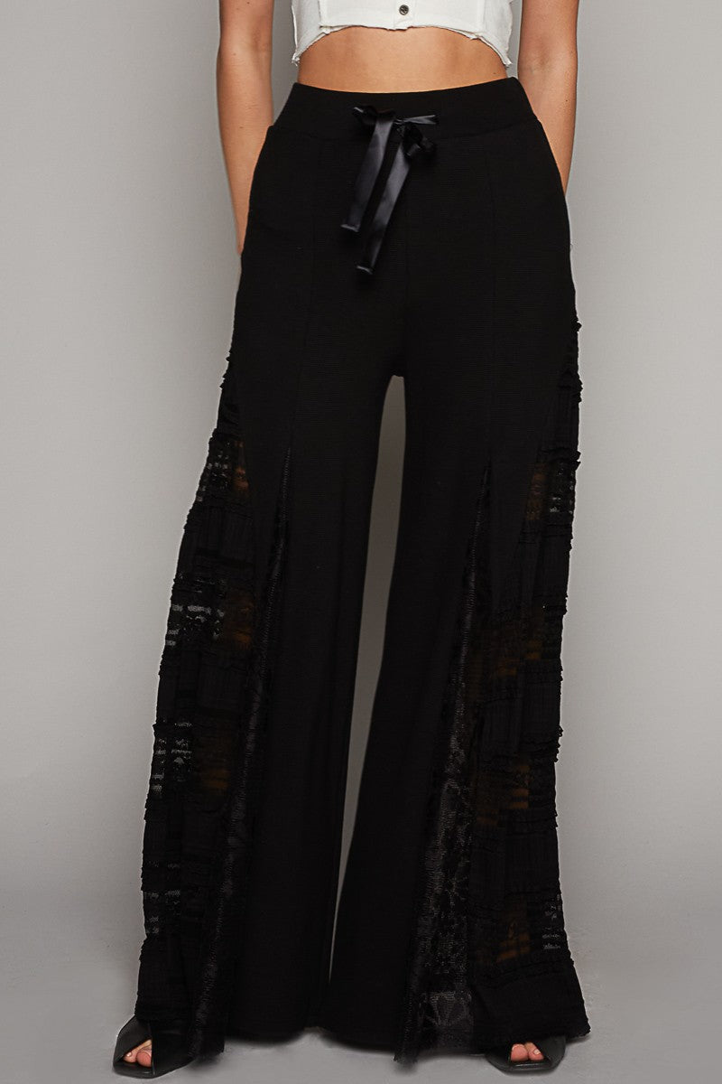 POL Solid Color Thermal Knit Pants with Mixed Lace Inset Details in Black