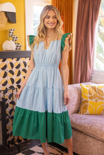 Load image into Gallery viewer, VOY Colorblock Pattern Tiered Midi Dress in Blue Dresses VOY   
