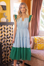 Load image into Gallery viewer, VOY Colorblock Pattern Tiered Midi Dress in Blue Dresses VOY   
