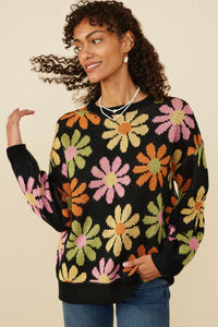 Hayden Retro Daisy Knit Sweater in Black