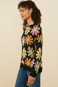 Hayden Retro Daisy Knit Sweater in Black