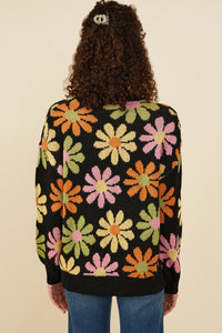 Hayden Retro Daisy Knit Sweater in Black