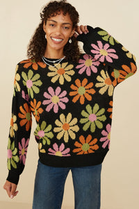 Hayden Retro Daisy Knit Sweater in Black