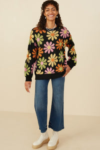 Hayden Retro Daisy Knit Sweater in Black