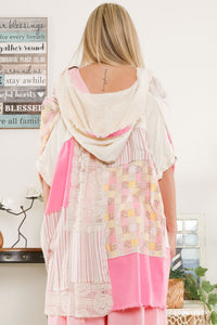 BlueVelvet Mixed Fabric Hooded Poncho Top in Pink Combo ON ORDER Shirts & Tops BlueVelvet   