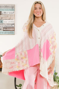BlueVelvet Mixed Fabric Hooded Poncho Top in Pink Combo ON ORDER Shirts & Tops BlueVelvet   