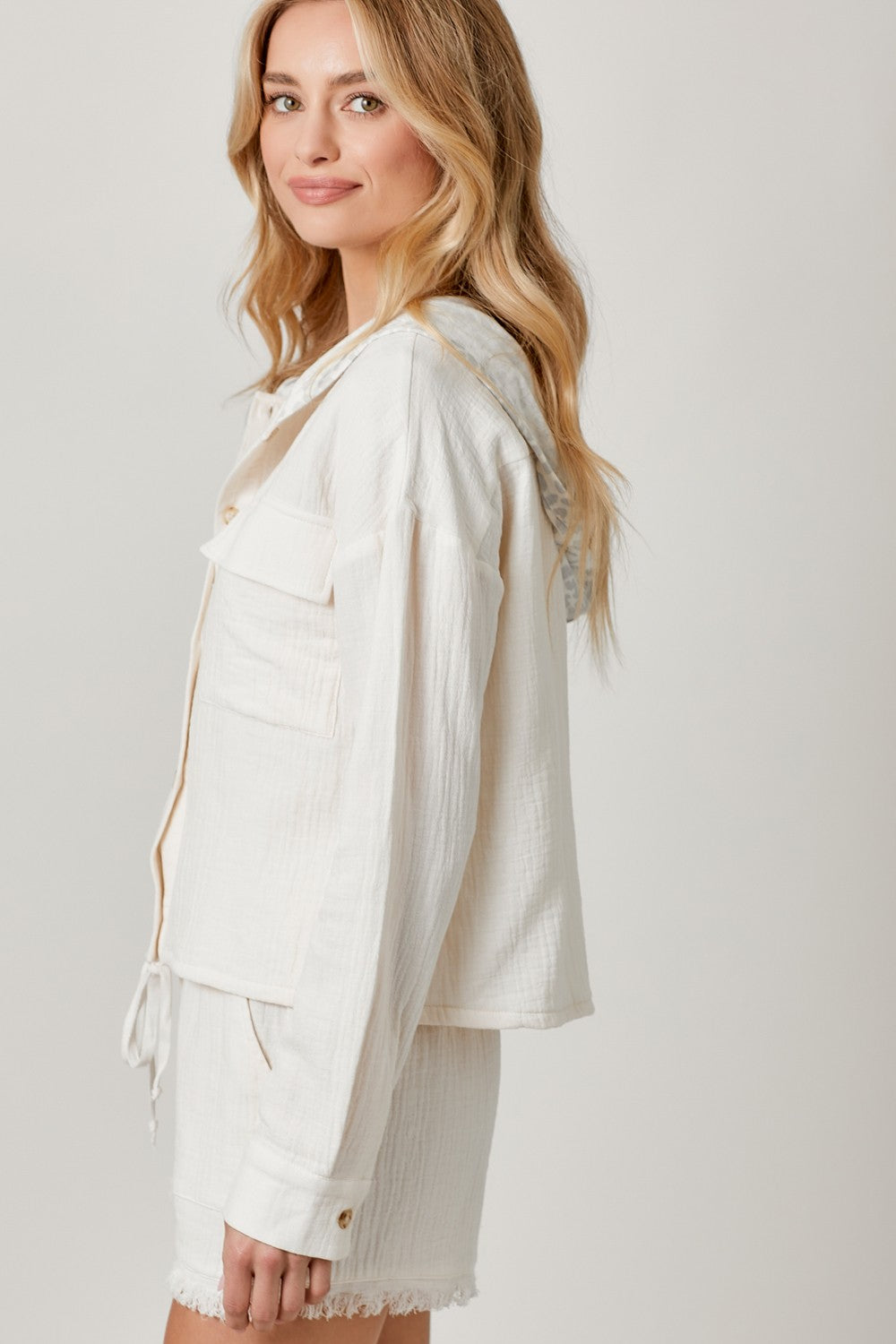 Mystree Double Gauze Jacket with Contrasting Hood in Ivory – June Adel