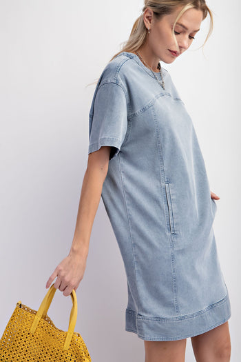 Easel Denim Tunic Dress in Washed Denim Dresses Easel   