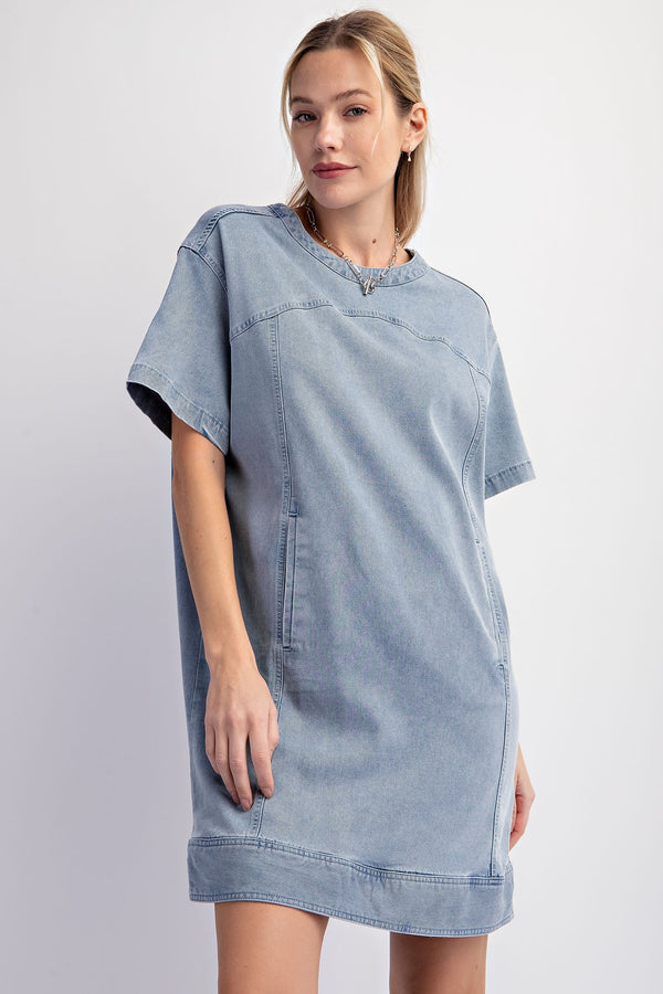 Easel Denim Tunic Dress in Washed Denim Dresses Easel   