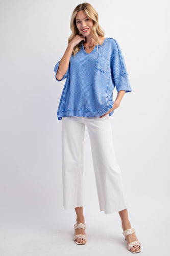 Easel Ribbed Thermal Knit Top in Peri Blue Shirts & Tops Easel   