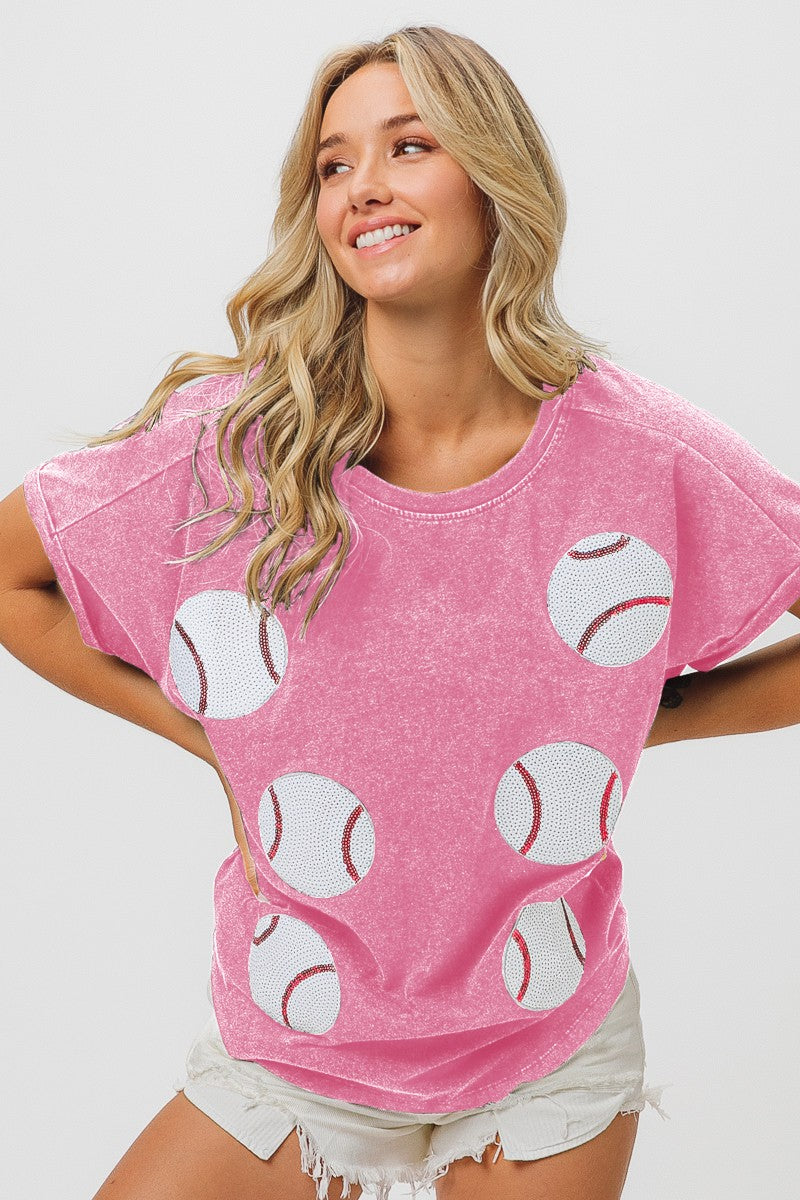 BiBi Mineral Washed Top with Sequin Baseball Patches in Pink Shirts & Tops BiBi   