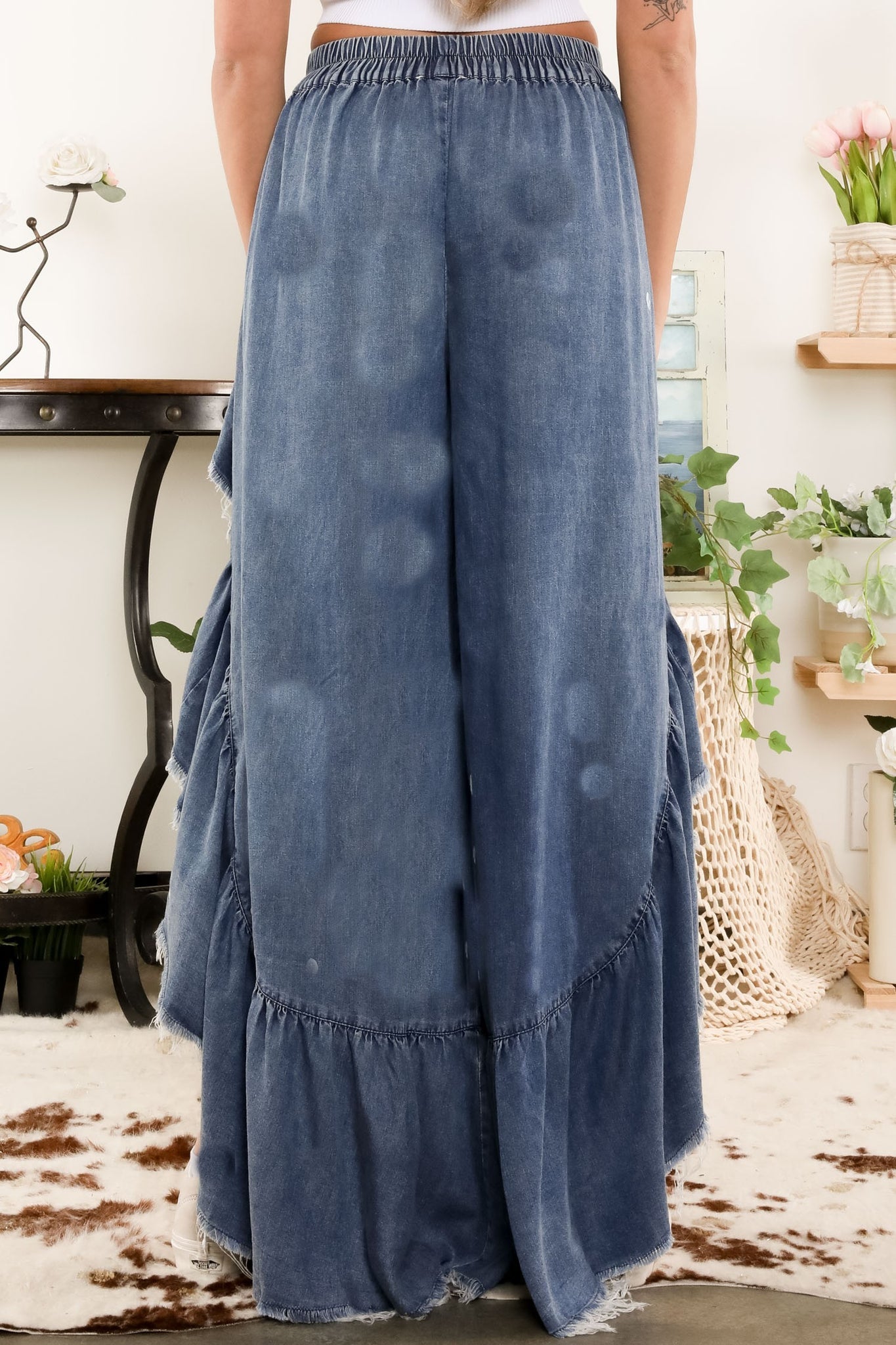 Pants That Ruffle BlueVelvet Ruffled Wide Leg Pants in Denim – June Adel