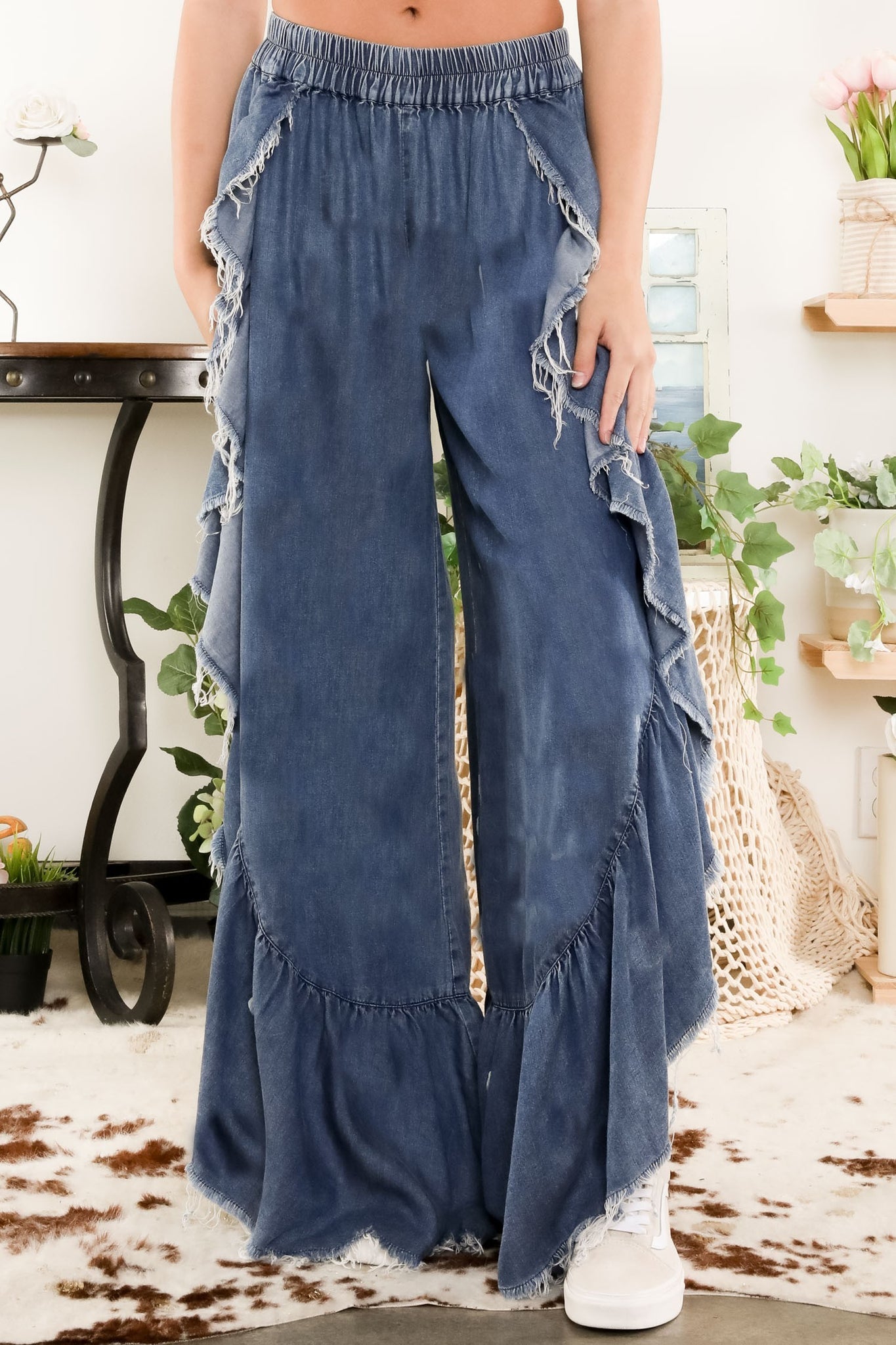 Flax Ruffle Wide Leg BlueVelvet Ruffled Wide Leg Pants in Denim – June Adel