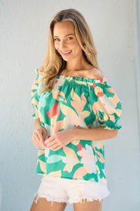Hailey & Co Floral Print Off the Shoulder Top in Green