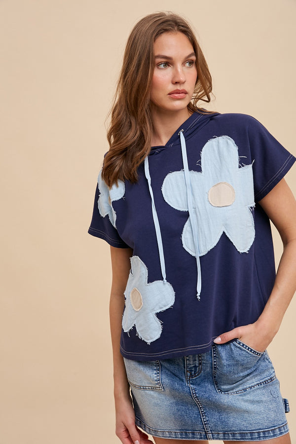 AnnieWear Flower Patch Pullover Top in Navy Combo Shirts & Tops AnnieWear   