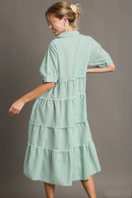 Load image into Gallery viewer, Umgee Stripe Patterned Tiered A-Line Maxi Dress in Jade Mix Dress Umgee   
