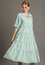 Load image into Gallery viewer, Umgee Stripe Patterned Tiered A-Line Maxi Dress in Jade Mix ON ORDER Dress Umgee   
