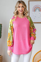 7th Ray Textured Knit Top with Floral Print Contrast Sleeves in Fondant Pink