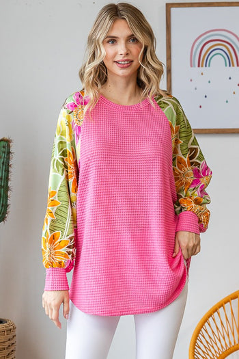 7th Ray Textured Knit Top with Floral Print Contrast Sleeves in Fondant Pink
