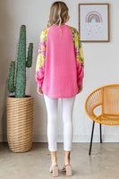 7th Ray Textured Knit Top with Floral Print Contrast Sleeves in Fondant Pink