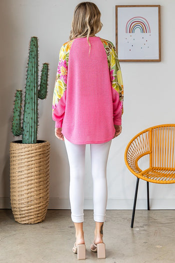 7th Ray Textured Knit Top with Floral Print Contrast Sleeves in Fondant Pink