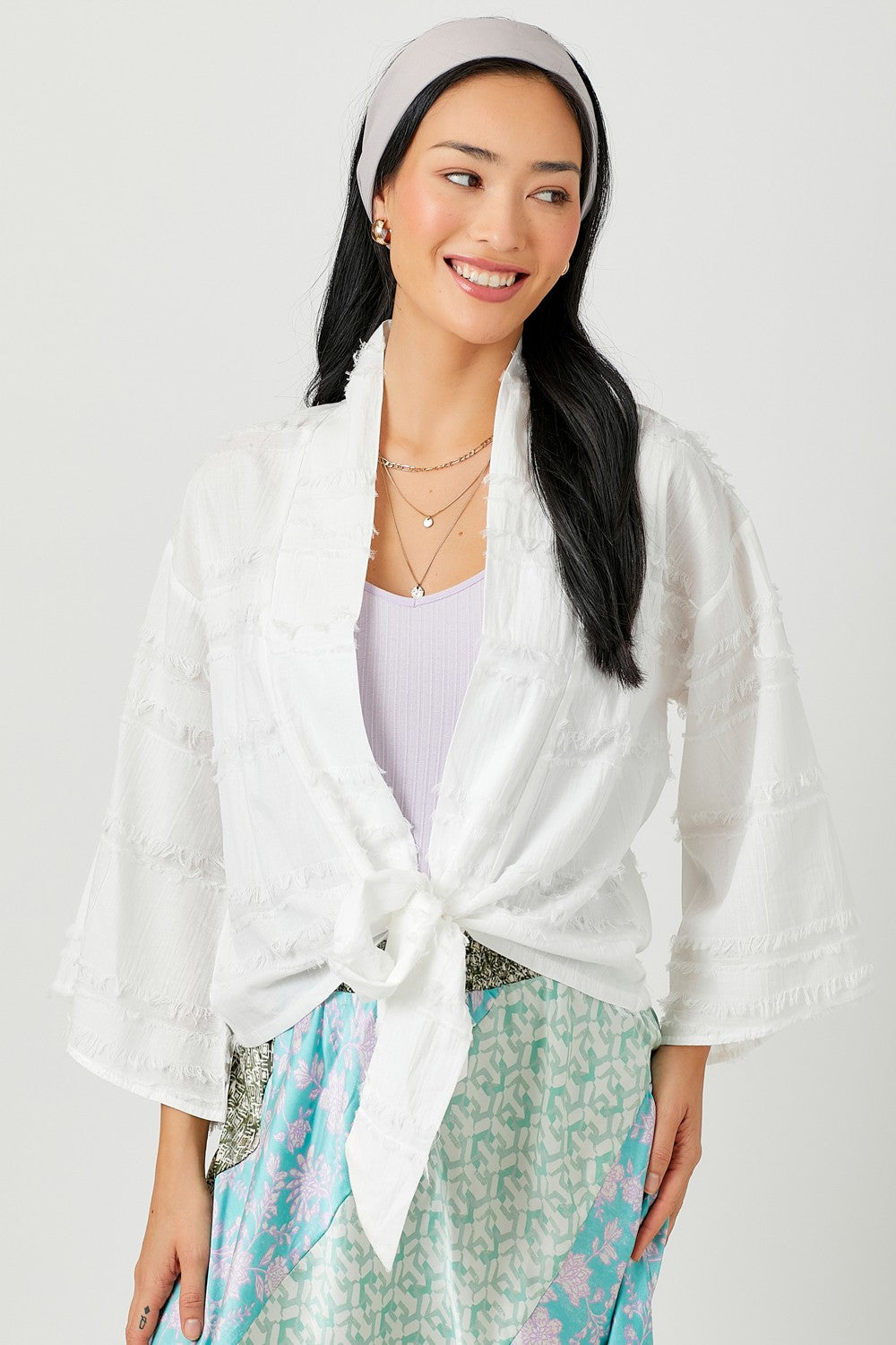 Mystree Open Front Tie Closure Textured Top in Off White