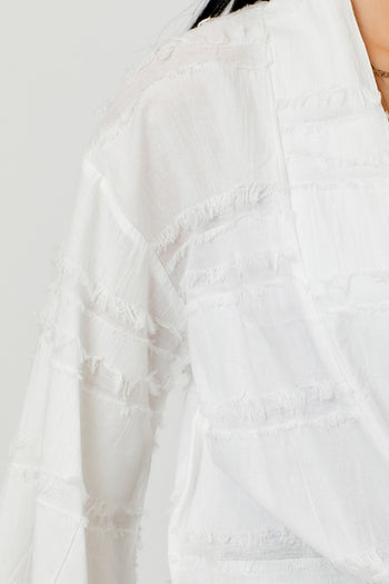 Mystree Open Front Tie Closure Textured Top in Off White