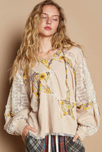 Load image into Gallery viewer, POL Hooded Textured Knit and Lace Top with Star Patches in Beige Multi
