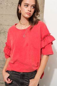 Blue B Loose Dolman Top with Stud Details in Red