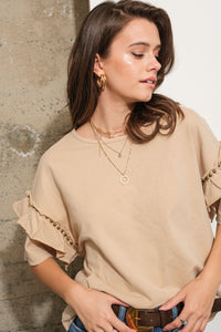 Blue B Loose Dolman Top with Stud Details in Tan