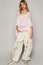 Load image into Gallery viewer, POL Open Crochet Peace Sign Top in White/Pink ON ORDER Shirts &amp; Tops POL Clothing   
