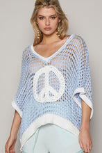 Load image into Gallery viewer, POL Open Crochet Peace Sign Top in Sky Blue/Ivory Shirts &amp; Tops POL Clothing   
