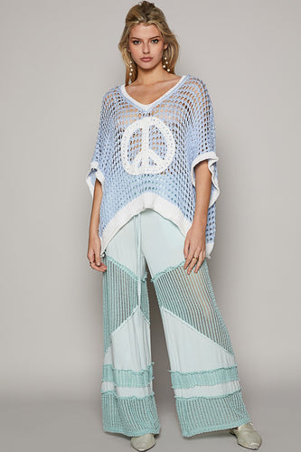 POL Open Crochet Peace Sign Top in Sky Blue/Ivory Shirts & Tops POL Clothing   