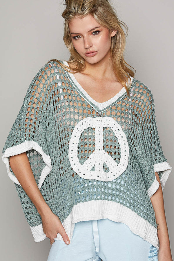 POL Open Crochet Peace Sign Top in Sage/Ivory Shirts & Tops POL Clothing   