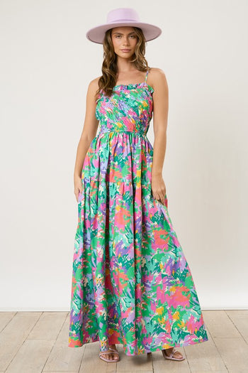 Peach Love Brushed Print Maxi Dress in Green Multi