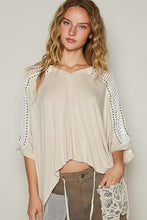 Load image into Gallery viewer, POL OVERSIZED SEMI-CROPPED Jersey Knit and Crochet Studded Top in Oatmeal
