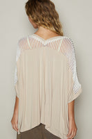 POL OVERSIZED SEMI-CROPPED Jersey Knit and Crochet Studded Top in Oatmeal