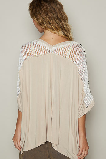 POL OVERSIZED SEMI-CROPPED Jersey Knit and Crochet Studded Top in Oatmeal