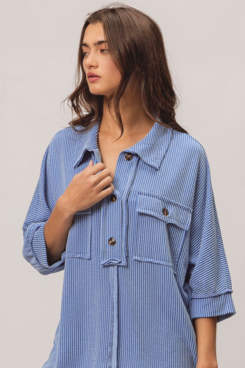 BiBi Waved Ribbed Top in Denim Shirts & Tops BiBi   