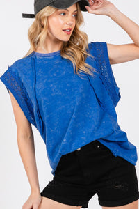 Sewn+Seen Mineral Washed Lace Trim Top in Royal