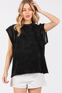 Sewn+Seen Mineral Washed Lace Trim Top in Black