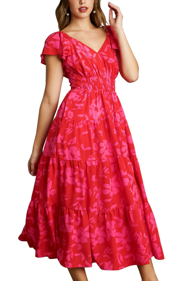Umgee Two Toned Floral Print Tiered Maxi Dress in Red Mix Dress Umgee   