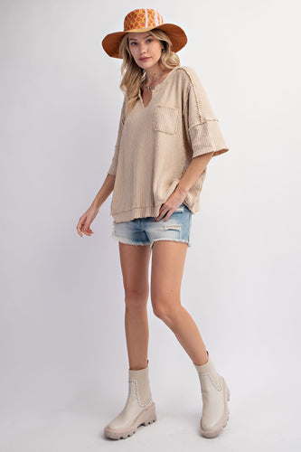Easel Ribbed Thermal Knit Top in Khaki Shirts & Tops Easel   